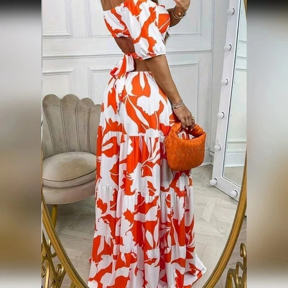 Graphic Print Off Shoulder Cut Out Waist Ruffle Hem Dress - Picture 2 of 3